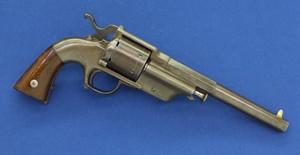 A fine and scarce antique American Allen & Wheelock Center Hammer Lipfire Army 6 shot caliber 44 single action Revolver. Only 250 made!. 7,5 inch barrel with clear address. Length 34,5cm. In very good condition. Price 3.850 euro.