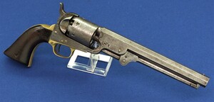 A scarce antique American Civil War Martially marked Colt Model 1851 Navy 6 shot 36 caliber percussion Revolver purchased by the US Army. 7,5 inch barrel with New York address. Length 35cm. In very good condition. Price 5.950 euro