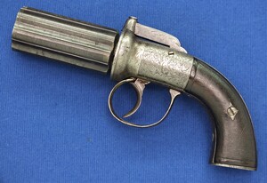 A very nice antique 19th century English  Percussion Pepperbox, 6 shot, caliber 9 mm, length 22 cm, in very good condition. Price 975 euro