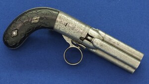 An antique 19th century engraved Belgian Liege 4 shot underhammer Mariette Brevete percussion Pepperbox. Caliber 9mm, length 19cm. In very good condition. Price 850 euro
