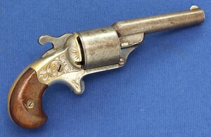 An antique American 6 shot Moore's Pat.Firearms Co Front Loading Teatfire Revolver, .32 caliber. In very good condition. Price 765 euro