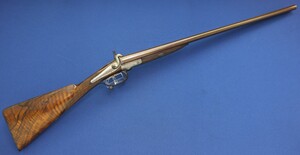 An antique English double barreled 12 gauge Pinfire sporting gun by Thomas Jackson, 29 Edwards Street, Portman Square London. Fine Damast barrels. Length 117cm. In very good condition. Price 3.350 euro