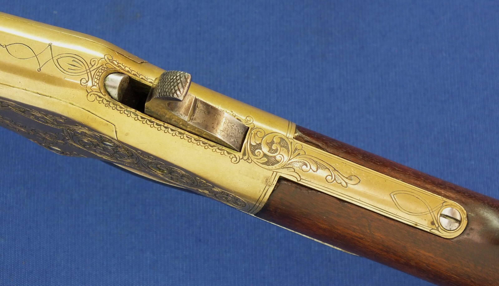 A fine antique American L.D. Nimschke Engraved Winchester Model 1866 Yellow Boy Musket with original Bayonet. 44 Henry centerfire caliber, 27 inch barrel. Length 118cm. In very good condition. Price on request