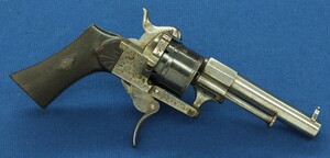 A fine antique Belgian Eugene Lefaucheux 6 shot Single and Double Action Pinfire Revolver. 7mm Caliber. Length 20,5cm. In very good condition. Price 850 euro.