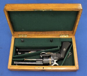 A fine antique Cased German single and double action Pinfire Revolver signed C.D.TANNER & SOHN (Hanover), caliber 9 mm, length 27 cm, in mint condition. 