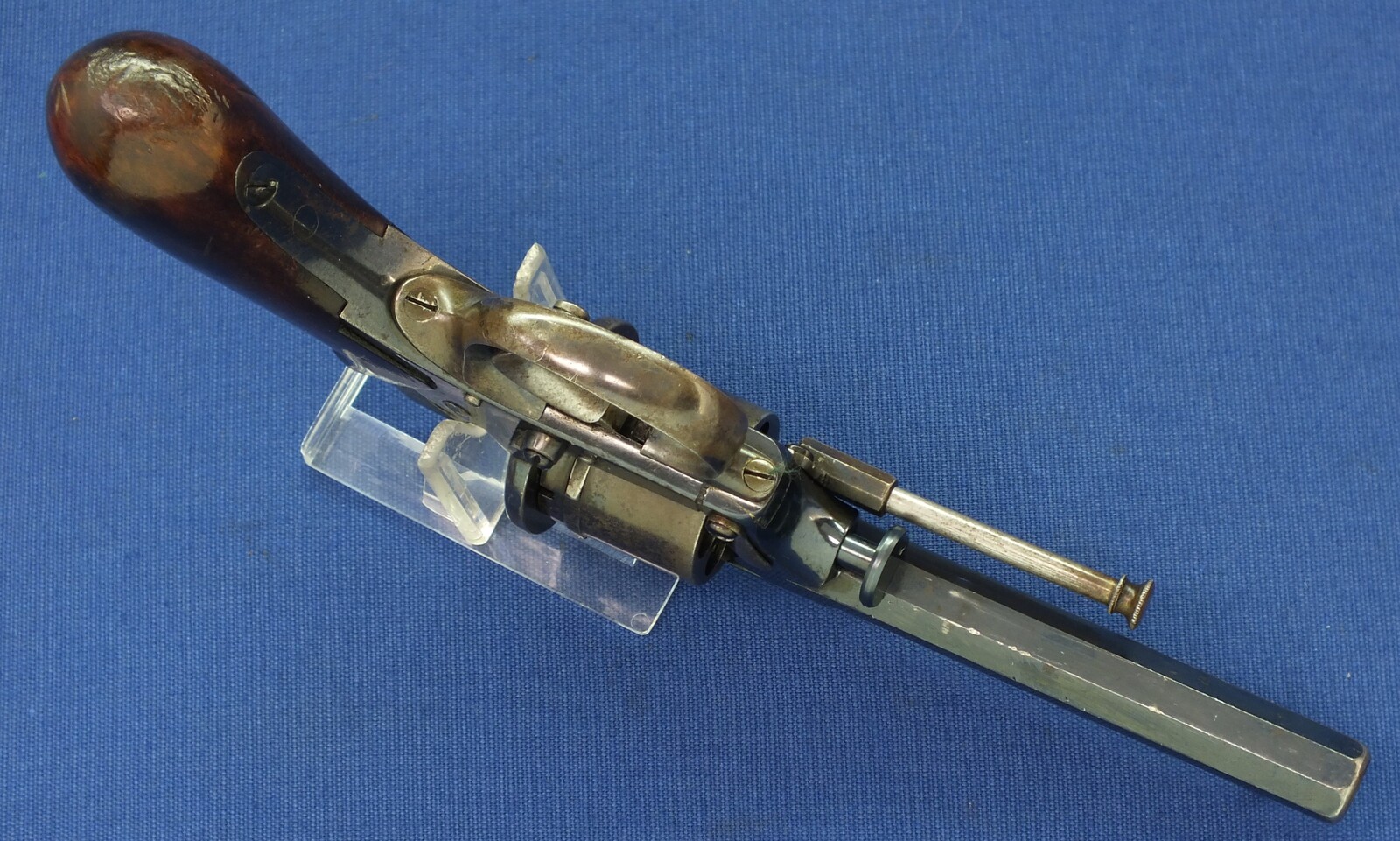 A fine antique German 6 shot single and double action 7mm pinfire Revolver probably by Valentin Christoph Schilling Suhl. Length 23cm. In near mint condition. Price 750 euro