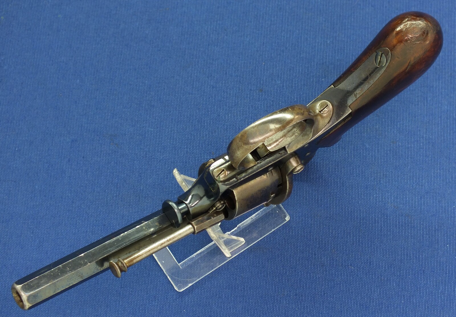 A fine antique German 6 shot single and double action 7mm pinfire Revolver probably by Valentin Christoph Schilling Suhl. Length 23cm. In near mint condition. Price 750 euro