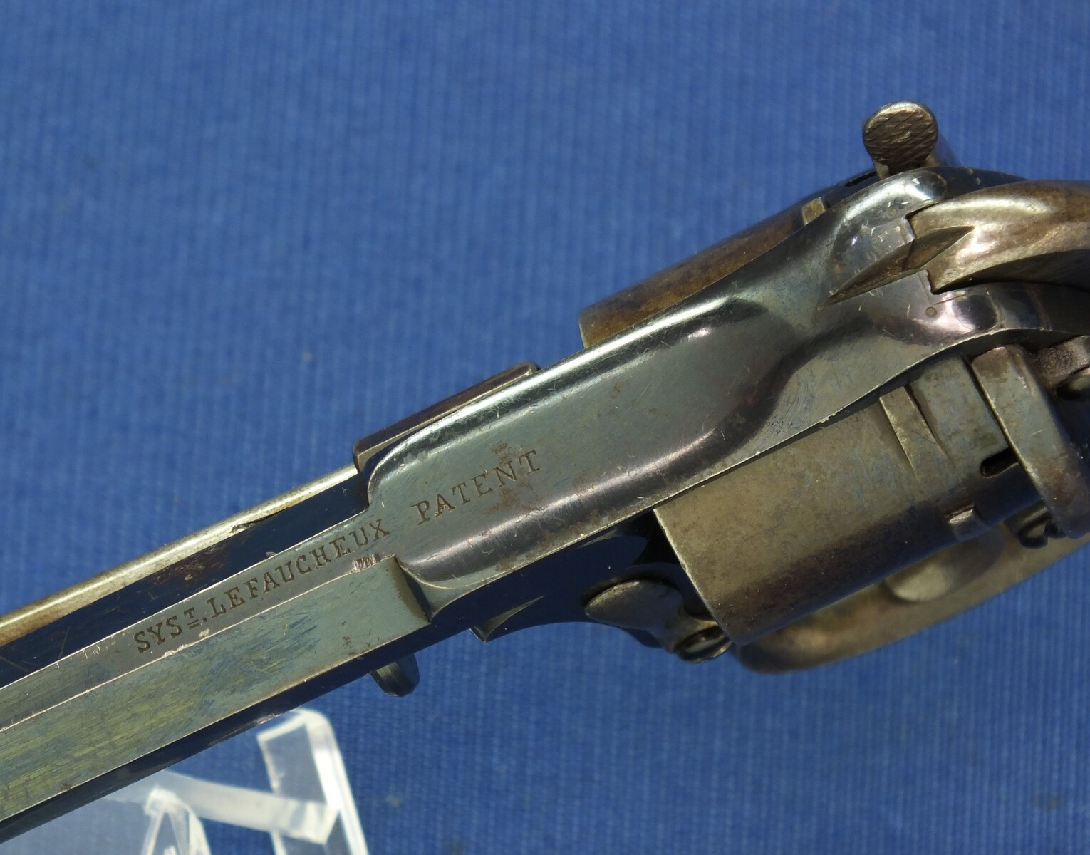 A fine antique German 6 shot single and double action 7mm pinfire Revolver probably by Valentin Christoph Schilling Suhl. Length 23cm. In near mint condition. Price 750 euro