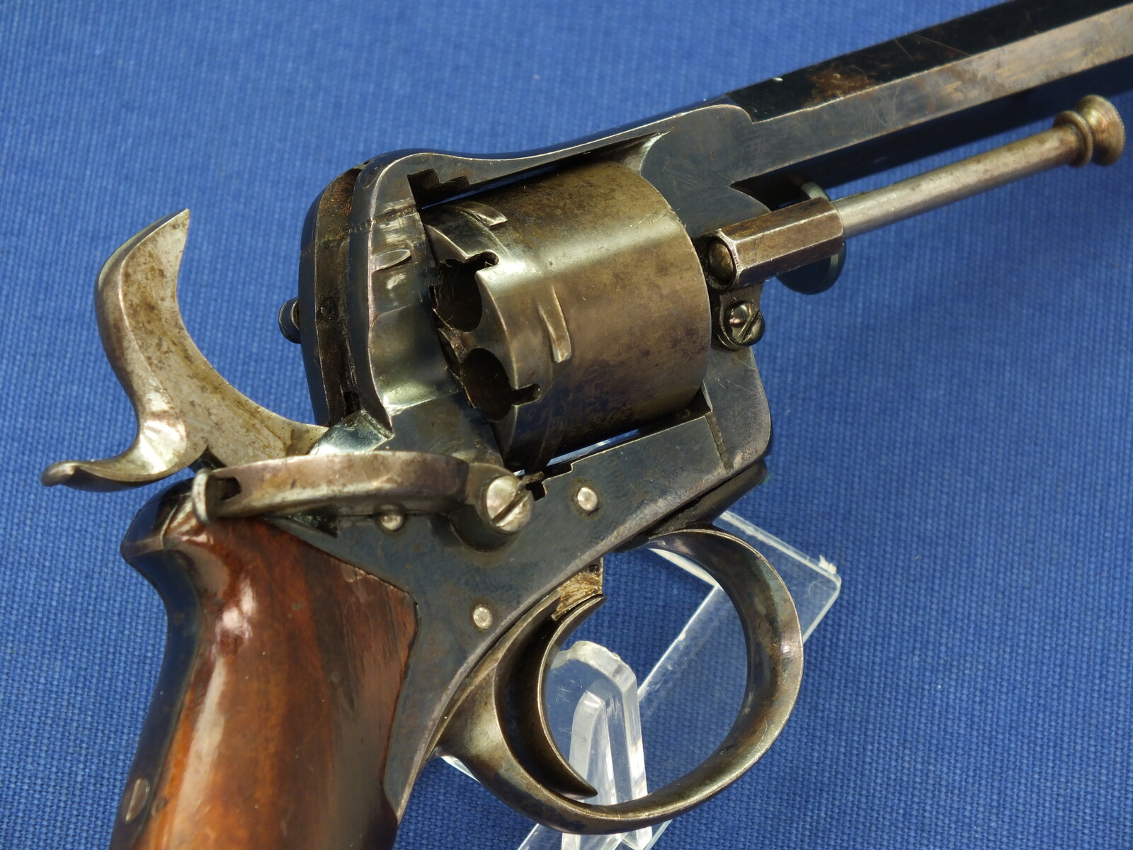 A fine antique German 6 shot single and double action 7mm pinfire Revolver probably by Valentin Christoph Schilling Suhl. Length 23cm. In near mint condition. Price 750 euro