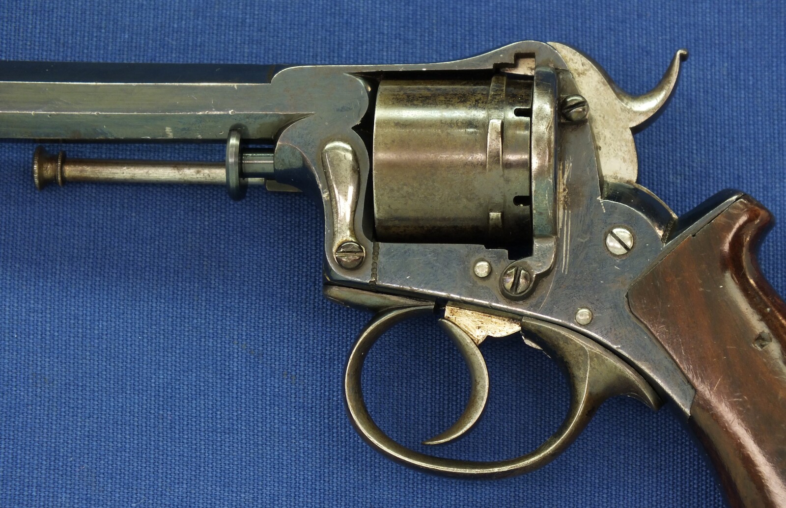 A fine antique German 6 shot single and double action 7mm pinfire Revolver probably by Valentin Christoph Schilling Suhl. Length 23cm. In near mint condition. Price 750 euro