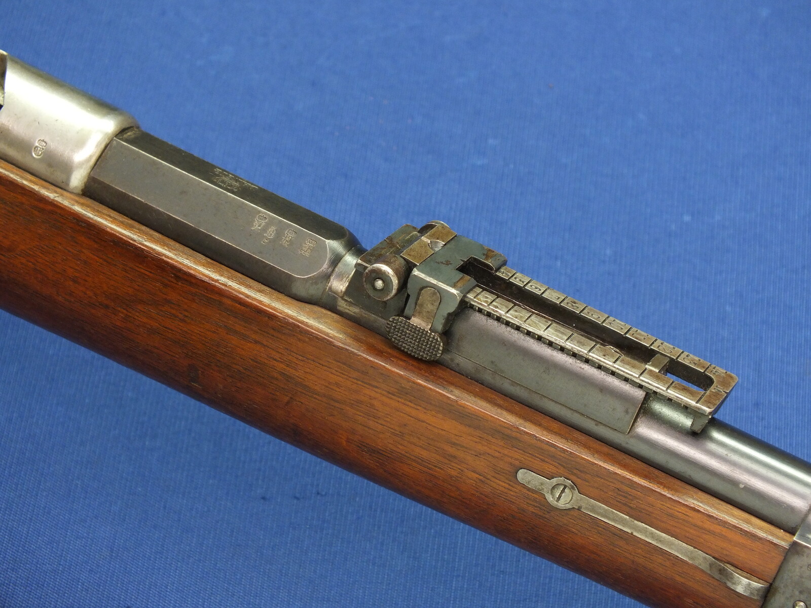 A fine antique German Mauser Model 1871/84 Infantry Rifle. Made  Danzig 1887. Caliber 11x60R. Length 129cm. In near mint condition. 