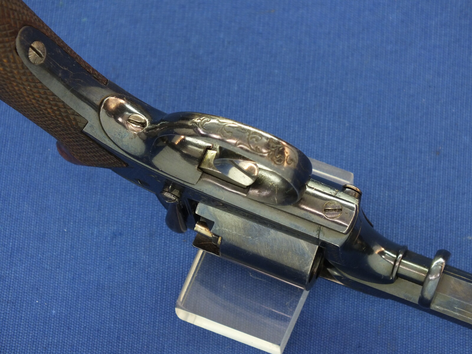 A fine antique probably Belgian made Adams Patent 5 shot double action percussion revolver. 38 Caliber. 5 inch barrel. Length 29cm. In near mint condition. 