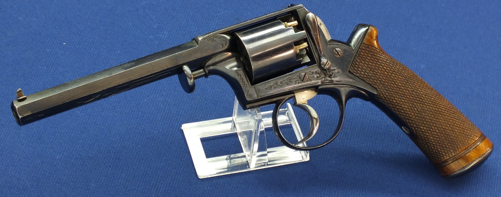 A fine antique probably Belgian made Adams Patent 5 shot double action percussion revolver. 38 Caliber. 5 inch barrel. Length 29cm. In near mint condition. Price 950 euro.