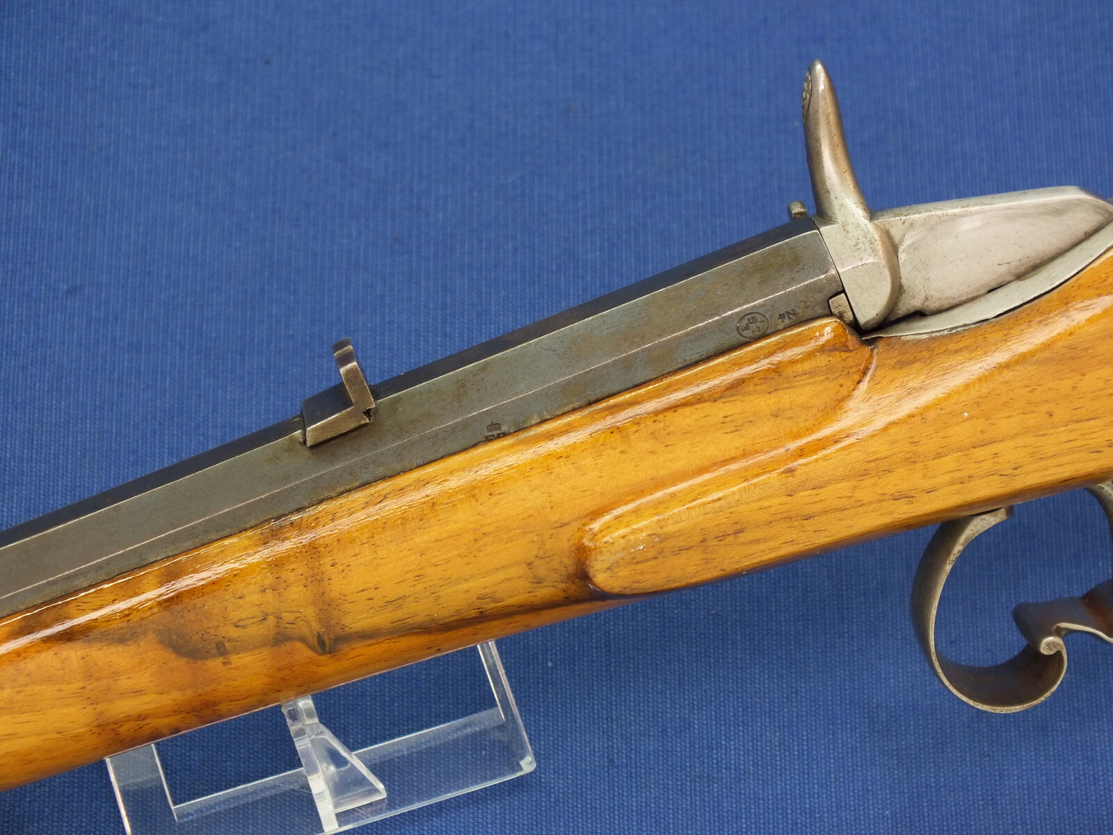 A fine Belgian Liege Flobert Rifle. 6mm Rimfire Caliber. 22 inch octagon barrel. Length 96cm. In very good condition. Price 450 euro