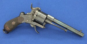 A fine engraved Antique German 19th century Lefaucheux 6 shot single and double action 12mm Pinfire Revolver by Heinrich Riffelmann Solingen. Length 31cm. In very good condition