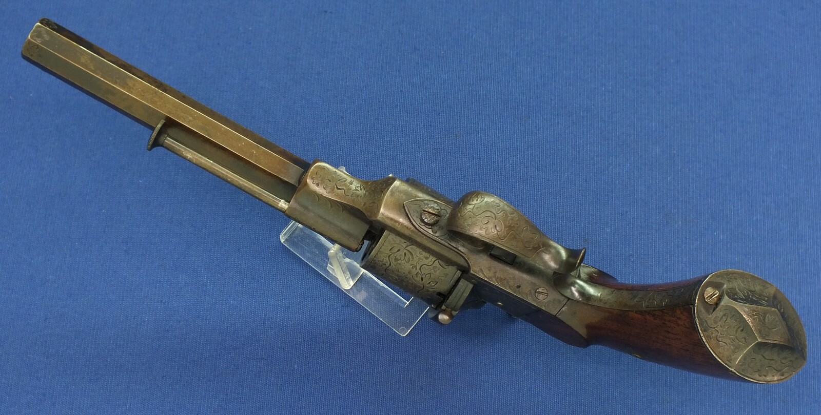 A rare antique French engraved early model 1854 Lefaucheux 6 shot single action 9mm Pinfire Revolver. 6 inch Full octagonal barrel. Length 31cm. In very good condition. 