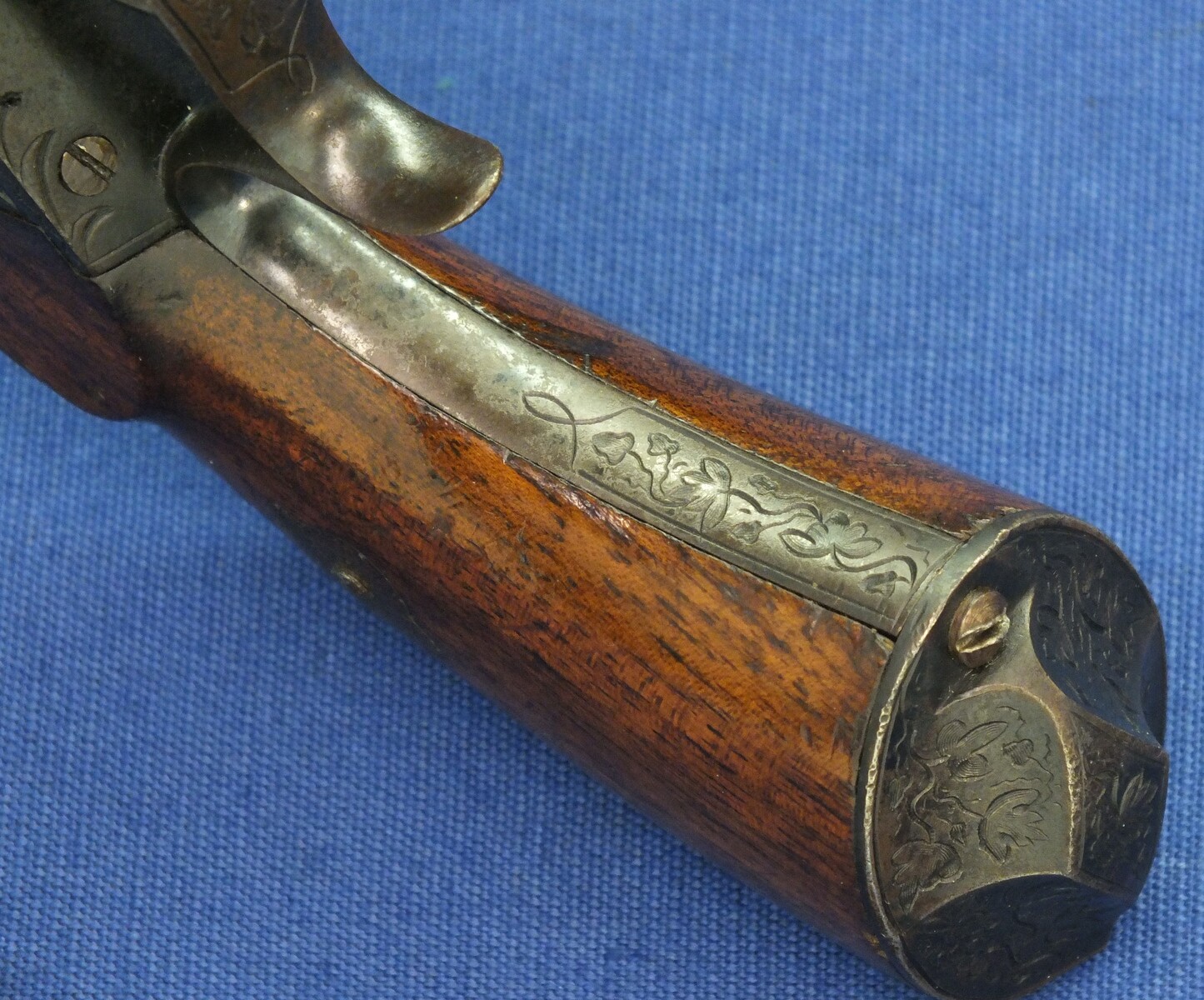 A rare antique French engraved early model 1854 Lefaucheux 6 shot single action 9mm Pinfire Revolver. 6 inch Full octagonal barrel. Length 31cm. In very good condition. 