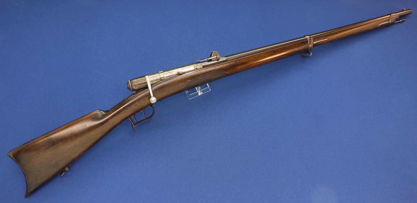 A rare antique Swiss Trial/versuchs Vetterli single shot model 1869 Stutzer/sharpsshooters Rifle. Caliber 41 Swiss Rimfire. Length 128cm. In very good condition. 