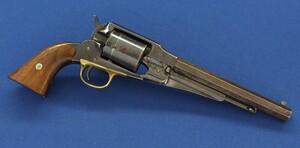 A rare Remington New Model Army first type Smith&Wesson-Kittredge conversion Revolver with White's Patent date stamped on the cylinder. 5 shot, .46 Rimfire, 8 inch barrel, length 37,5 cm, in very good condition. 