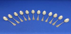 A Set of 12 Silver Tea Spoons, 800 and an unknown mark,  length 10 cm, in very good condition. Price 130 euro