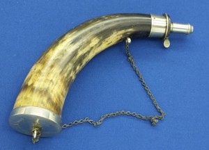 A very fine antique large personalised English Silver Mounted Powder Horn, by  James Dixon & Sons Sheffield. length 30 cm, in near mint condition. 