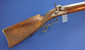 A very heavy German Target percussion Rifle by A. Andriessen Aachen. Caliber 18mm. 104cm/41 inch octagon Barrel. Length 143cm. In very good condition. Price 2.450 euro.