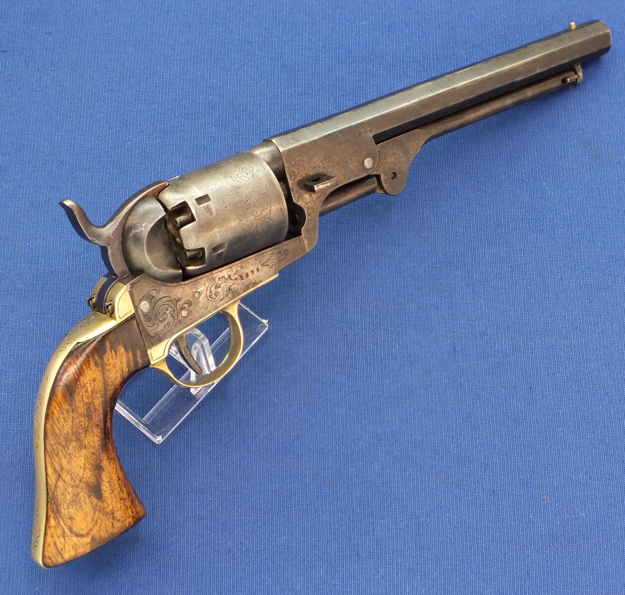 A very nice antique Belgian Engraved Colt Navy 1851 Brevete Percussion Revolver, signed L.GHAYE,  on the barrel ARENDT,  .36 caliber, 7 1/2 inch barrel. length 35 cm, in very good condition. 