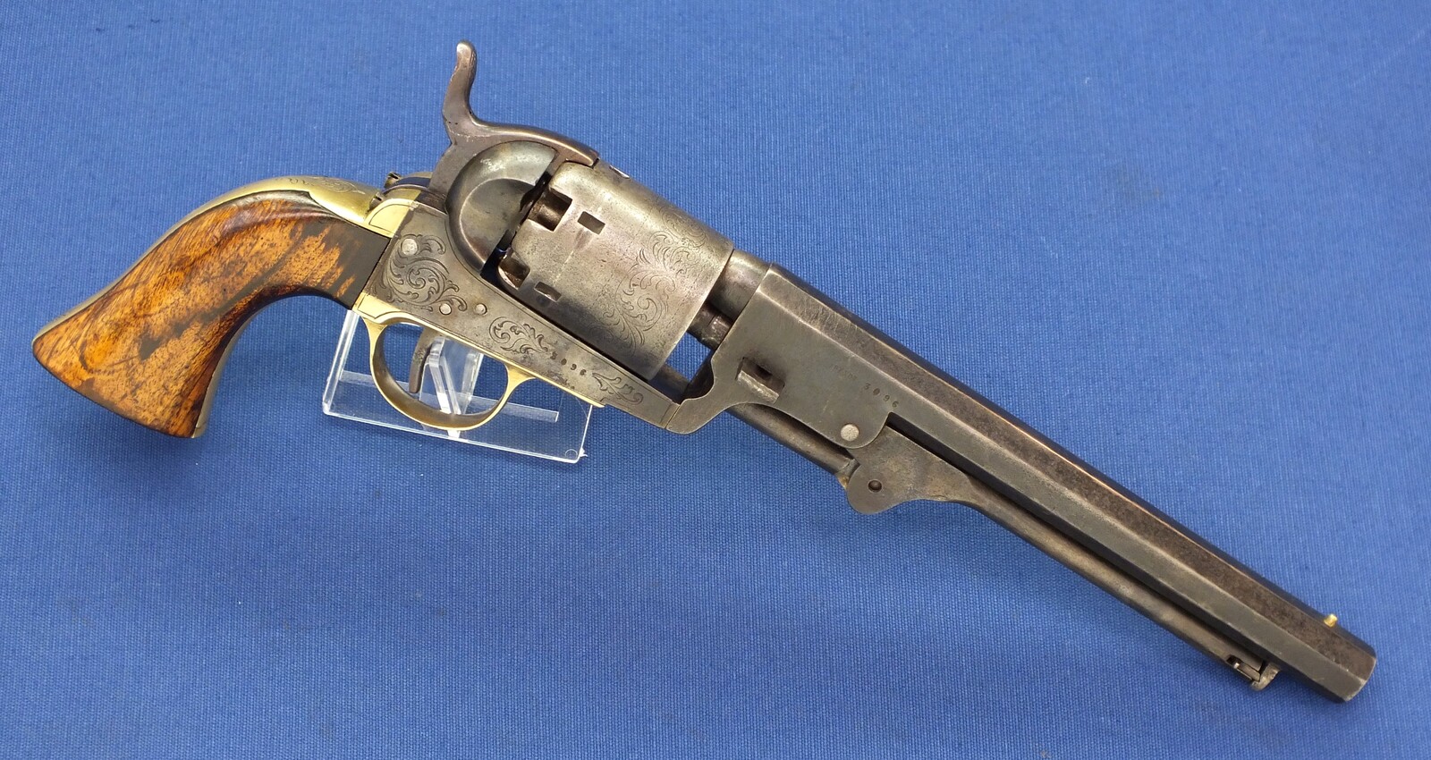 A very nice antique Belgian Engraved Colt Navy 1851 Brevete Percussion Revolver, signed L.GHAYE,  on the barrel ARENDT,  .36 caliber, 7 1/2 inch barrel. length 35 cm, in very good condition. 