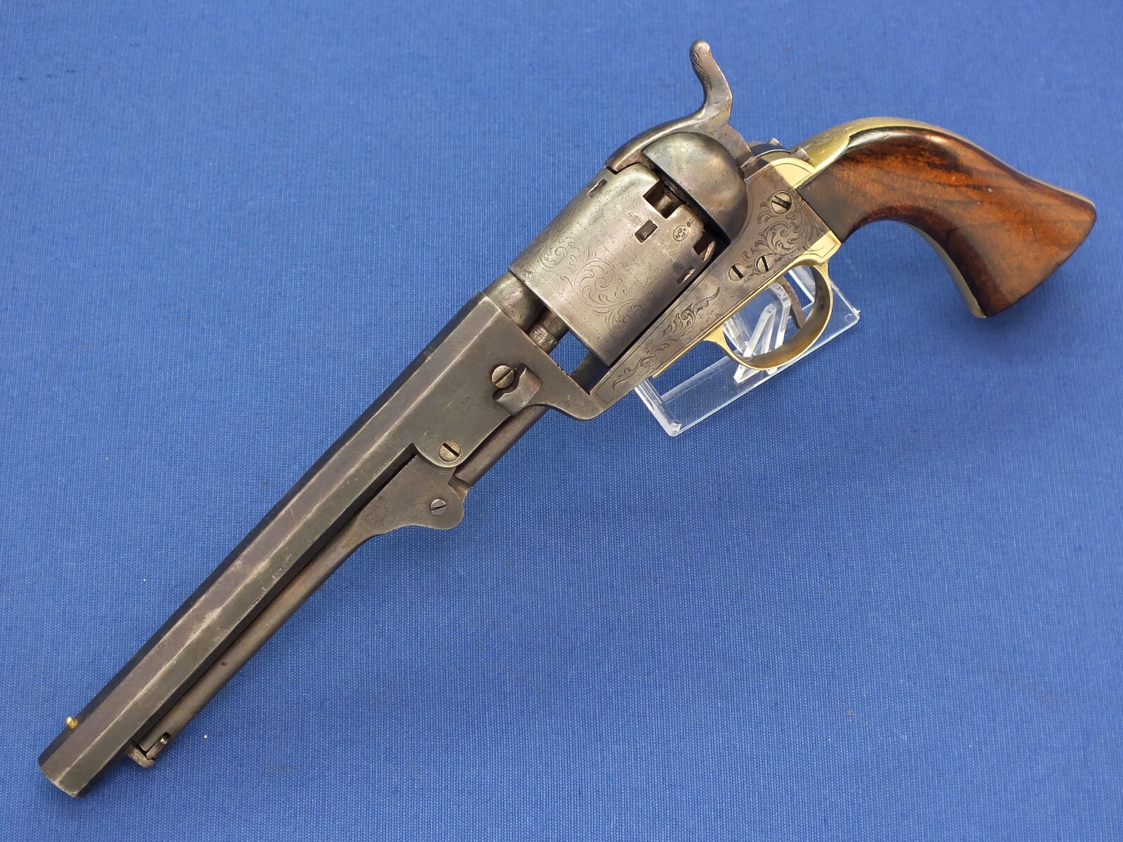 A very nice antique Belgian Engraved Colt Navy 1851 Brevete Percussion Revolver, signed L.GHAYE,  on the barrel ARENDT,  .36 caliber, 7 1/2 inch barrel. length 35 cm, in very good condition. 