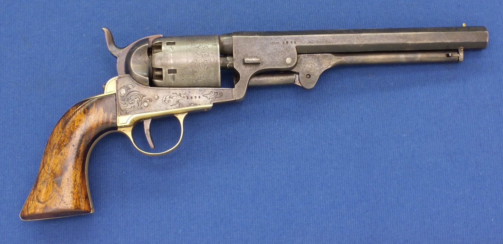 A very nice antique Belgian Engraved Colt Navy 1851 Brevete Percussion Revolver, signed L.GHAYE,  on the barrel ARENDT,  .36 caliber, 7 1/2 inch barrel. length 35 cm, in very good condition. 