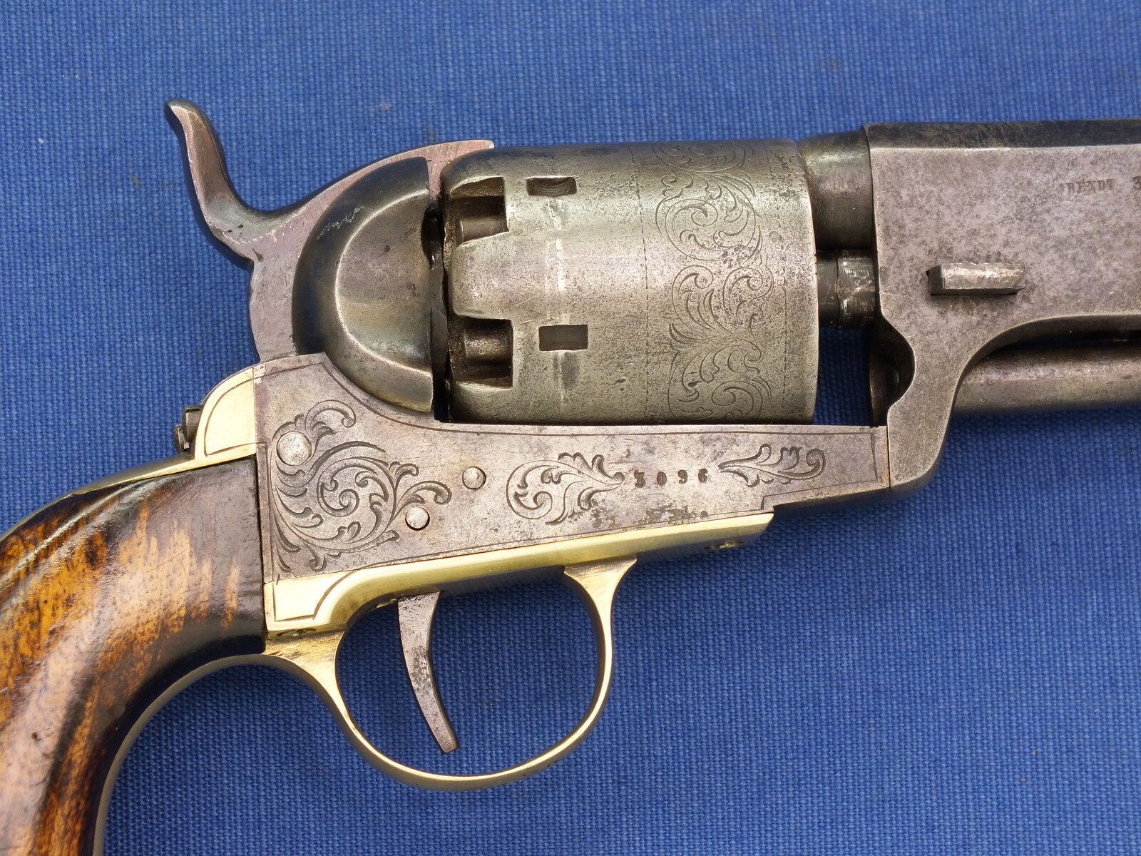 A very nice antique Belgian Engraved Colt Navy 1851 Brevete Percussion Revolver, signed L.GHAYE,  on the barrel ARENDT,  .36 caliber, 7 1/2 inch barrel. length 35 cm, in very good condition. 