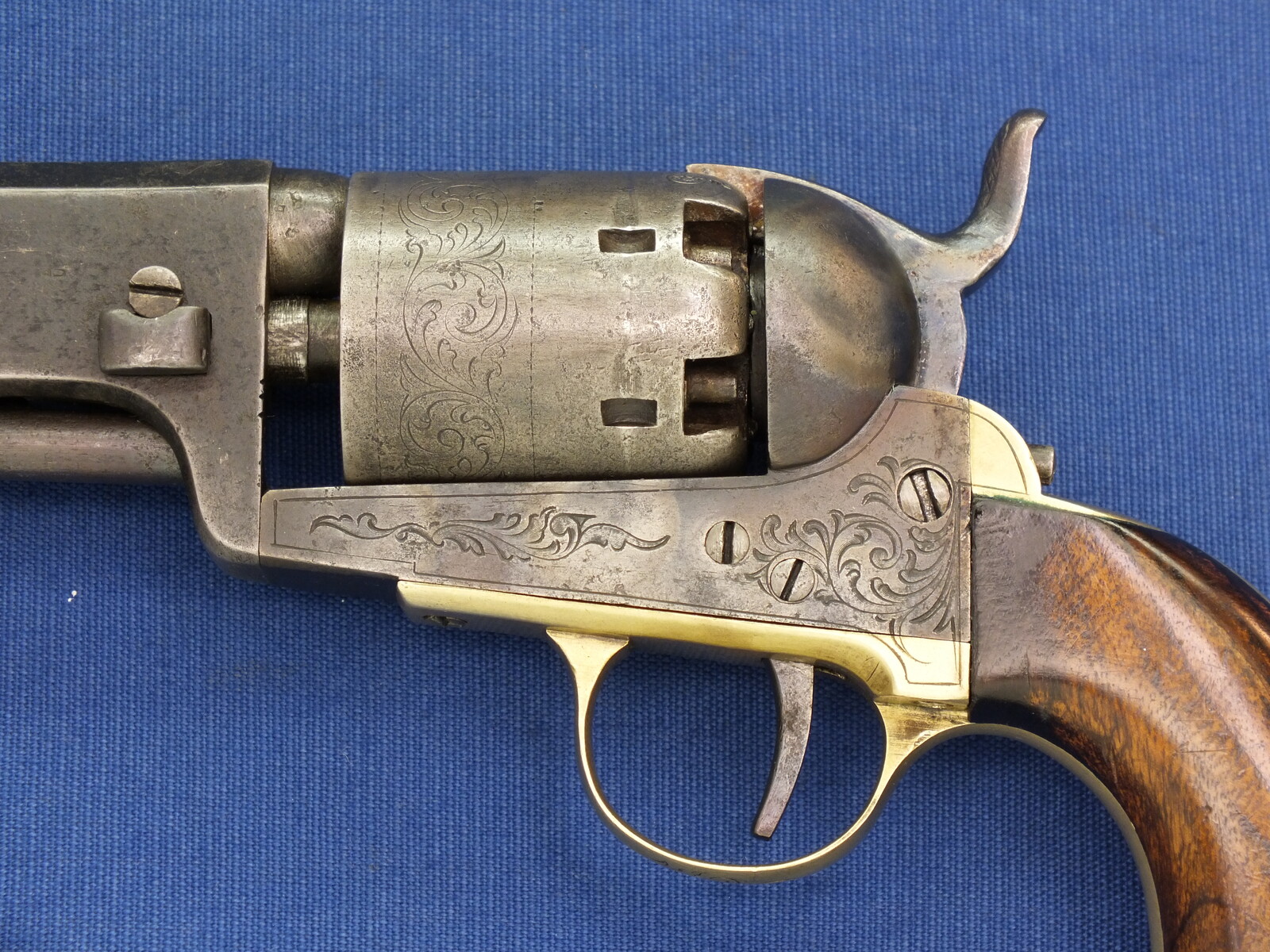 A very nice antique Belgian Engraved Colt Navy 1851 Brevete Percussion Revolver, signed L.GHAYE,  on the barrel ARENDT,  .36 caliber, 7 1/2 inch barrel. length 35 cm, in very good condition. 