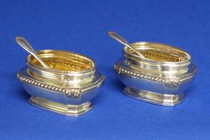 A very nice French Pair of Silver Salt Cellars with original Spoons, Paris after 1838, height 3.8 cm, in very good condition. Price 395 euro