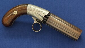 An antique American Blunt & Syms New York 6 shot Underhammer percussion Pepperbox. Caliber 31, 4 inch barrel. Length 21cm. SN57. In very good condition