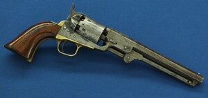 An antique American made Colt 4th Model 1851 Navy 6 shot percussion Revolver for export to England. 36 Caliber, 7,5 inch barrel. Length 35cm. In good/very good condition. Price 2.450 euro.