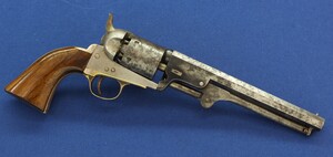 An antique Belgian Colt Brevete Model 1851 Navy 6 shot percussion Revolver by N. Gilon Liege retailed by A. Libert Amsterdam. 36 caliber, 7,5 inch barrel. Length 35cm. In very good condition.