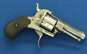 An antique Belgian made for the English market 6 shot Single and Double Action Nickel Plated Pinfire Revolver. 7mm Caliber, length 17cm. In very good condition. Price 450 euro.