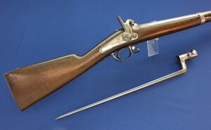 An antique Civil War Period Belgian made French Model 1854 Rifle By C. Dandoy a Liege with original Bayonet. .69 Caliber Rifled. Length 143cm. In very good condition. Price 1.450 euro