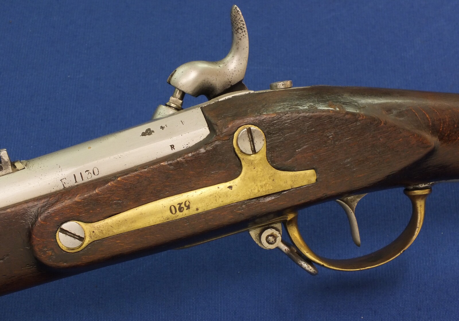 An antique Danish Minié-Rifle Converted from Model 1828 in 1846 to Percussion. Caliber 17,8mm Rifled(minié) 104cm Barrel, length 143cm. In very good condition. Price 1.250 euro.