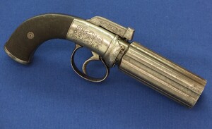 An antique English 6 shot Percussion Pepperbox by LACY & Co LONDON. 10,5mm Caliber, 4 inch Barrel with London proofmarks. Length 25cm. In very good condition. Price 950 euro.