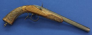 An antique French 6mm Flobert Target/Saloon pistol signed: LEFAUCHEUX ARQ. A PARIS. Length 38cm. In very good condition. Price 800 euro.