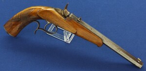An antique German 4,5mm Target/Saloon percussion Pistol with set-trigger signed: KGL. BAYR. HOFGEWEHRFABRIK V.C. STIEGELE JUN. MÜNCHEN. 8,5 inch octagon barrel. Length 37cm. In very good condition. Price 850 euro.