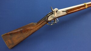 An antique German Prussian Model 1839 percussion Infantry Musket. Lock signed F.W. Saarn. Caliber 18,5mm. Length 143cm. In very good condition. Price 1.350 euro