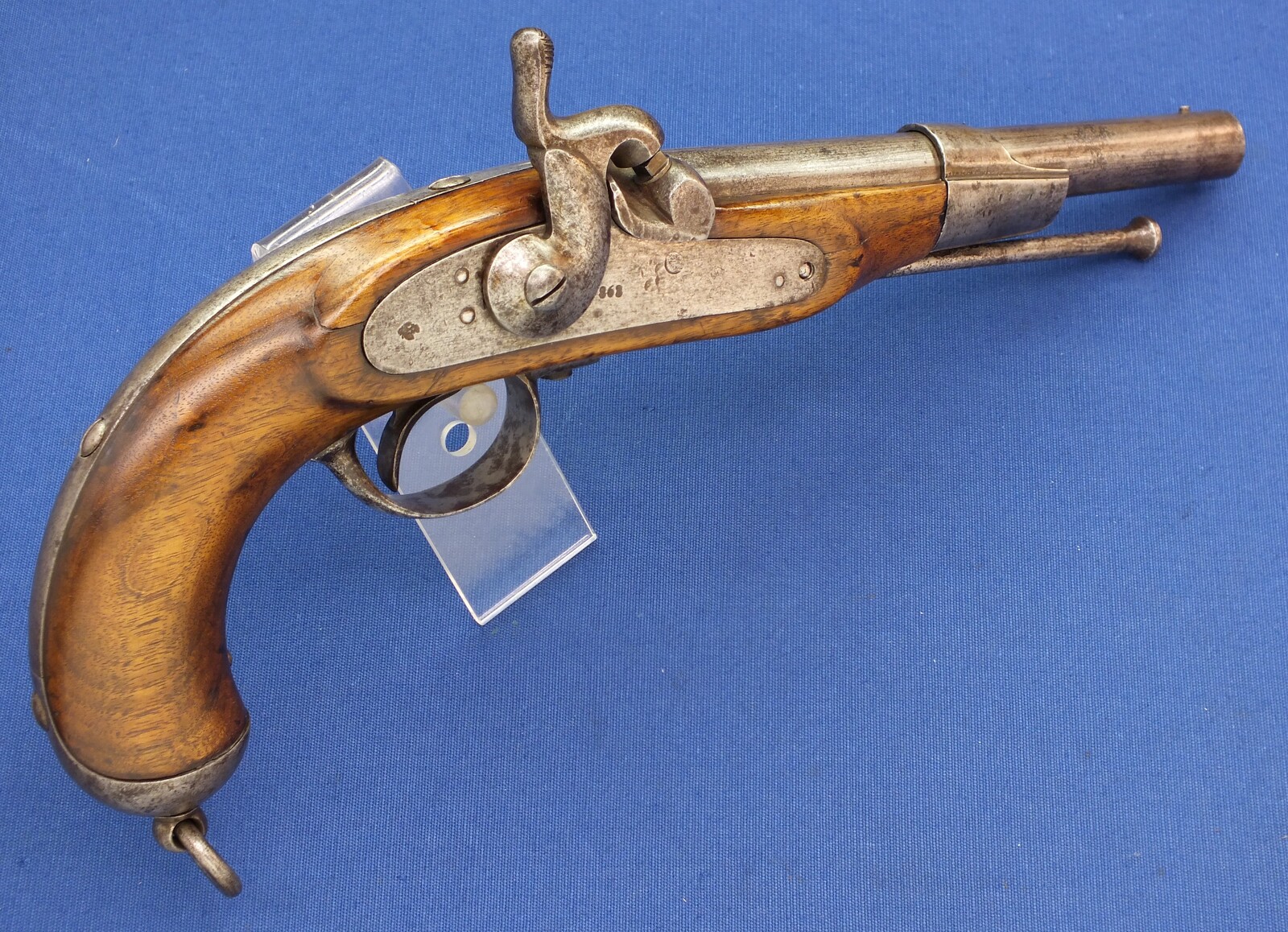 An antique shortened Austrian Lorenz Cavalry Pistol Model 1859, signed FRED FRUWIRTH, caliber 13.8 mm, Barrel 22cm. length 38 cm. In very good condition. Price 575 euro