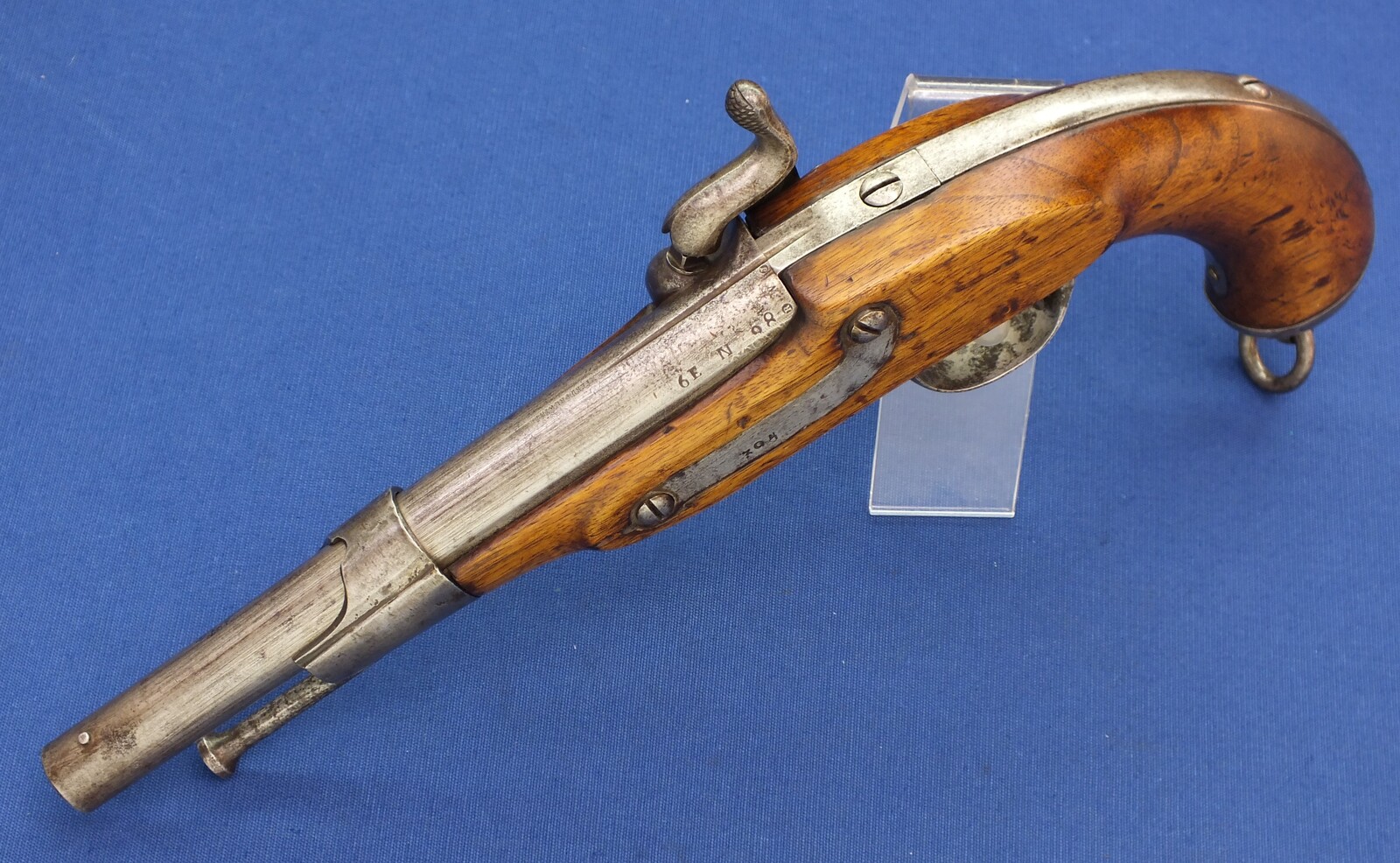 An antique shortened Austrian Lorenz Cavalry Pistol Model 1859, signed FRED FRUWIRTH, caliber 13.8 mm, Barrel 22cm. length 38 cm. In very good condition. Price 575 euro