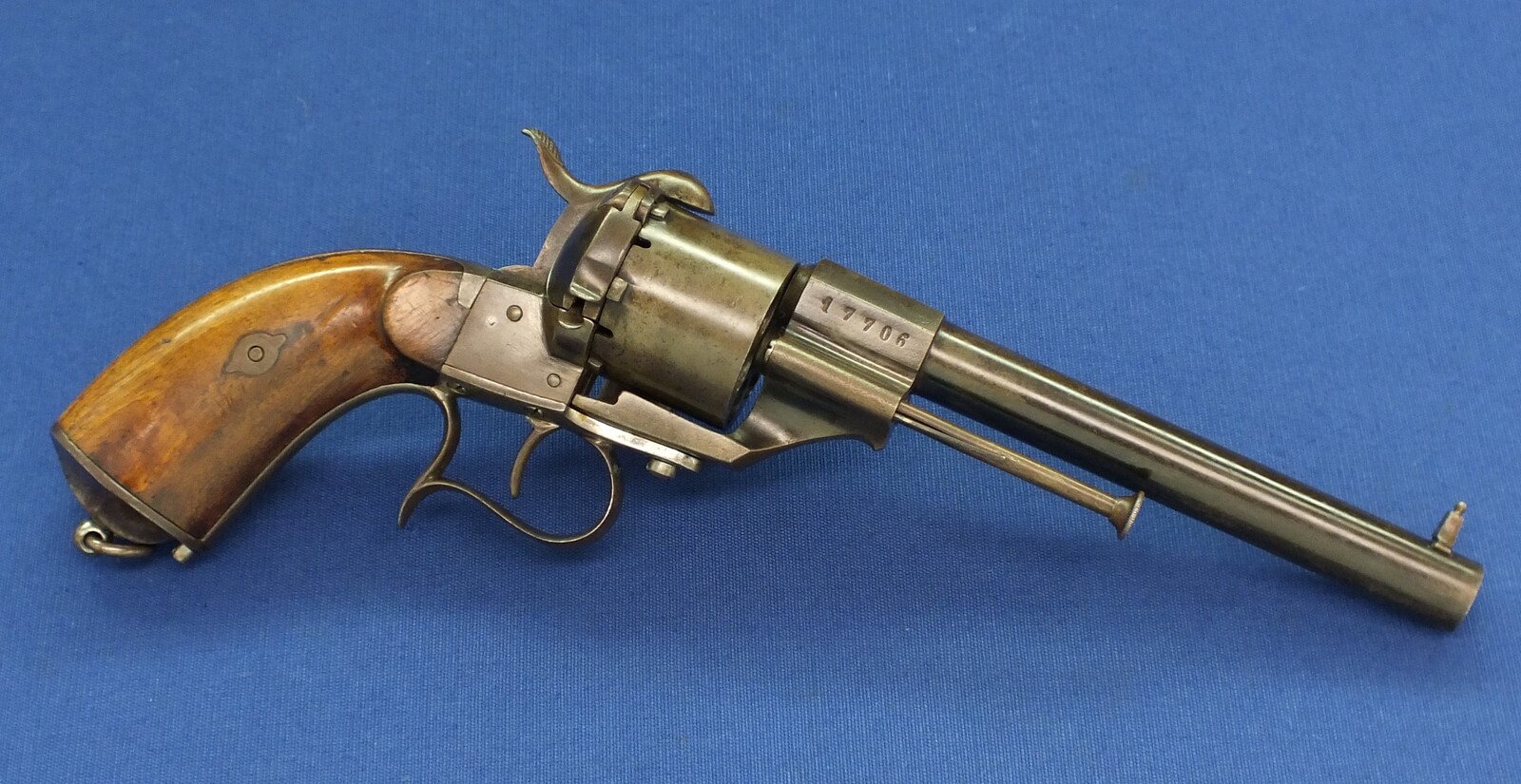 An antique Spanish Lefaucheux type model 1854 Single Action 6 shot 12mm Pinfire Revolver by: ORBEA HERMANOS EIBAR. Length 33cm. In very good condition. Price 795 euro.