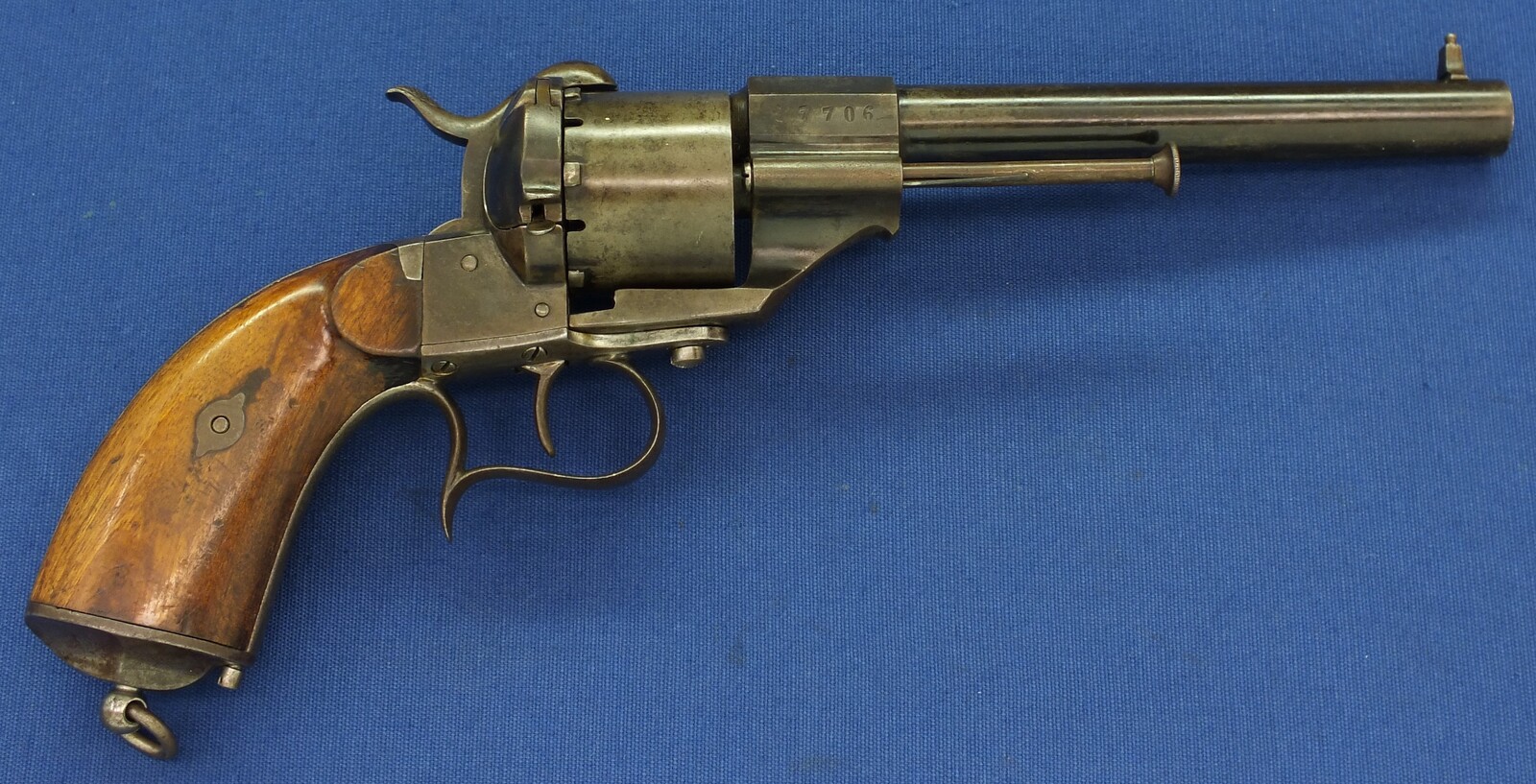 An antique Spanish Lefaucheux type model 1854 Single Action 6 shot 12mm Pinfire Revolver by: ORBEA HERMANOS EIBAR. Length 33cm. In very good condition. Price 795 euro.