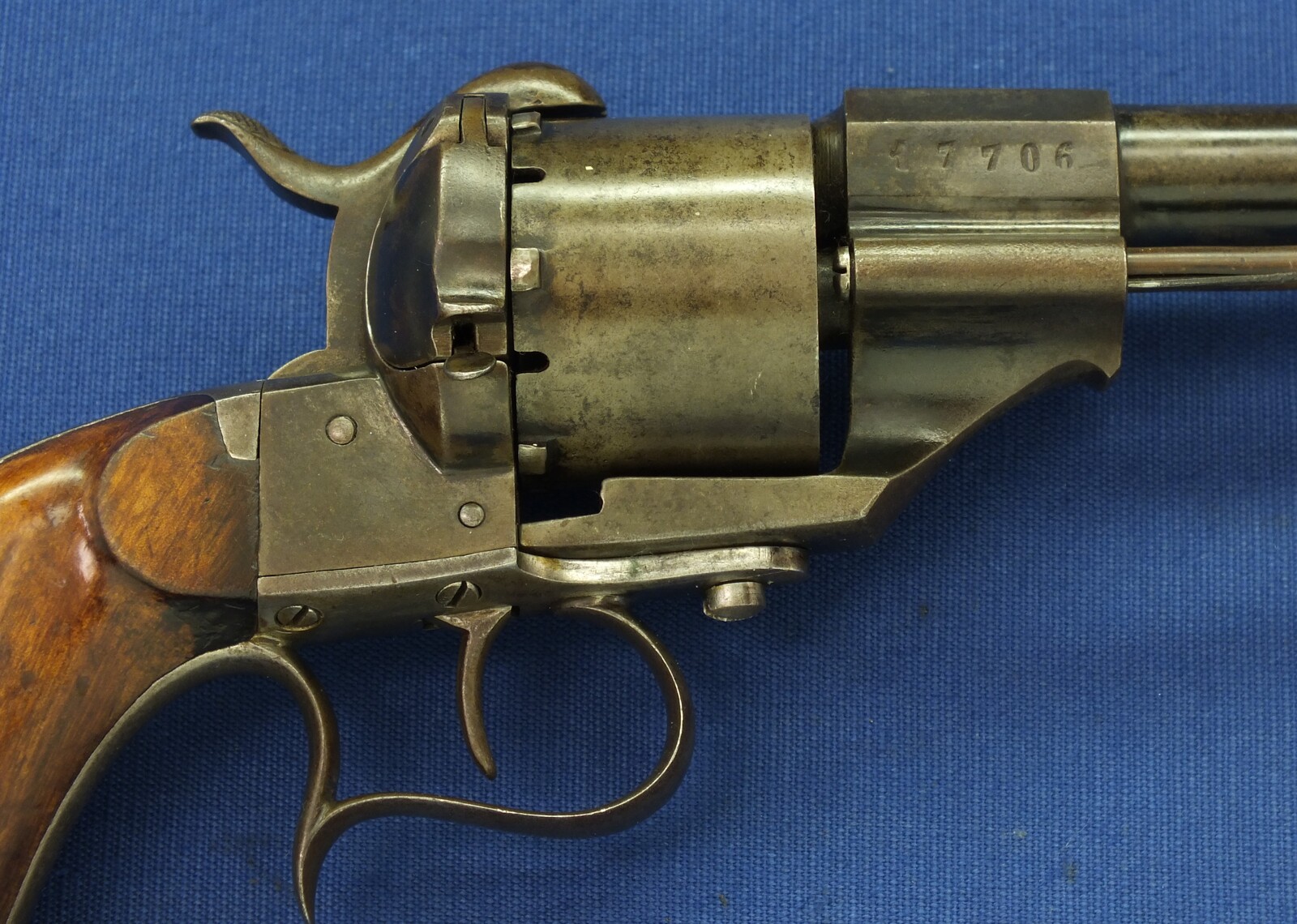 An antique Spanish Lefaucheux type model 1854 Single Action 6 shot 12mm Pinfire Revolver by: ORBEA HERMANOS EIBAR. Length 33cm. In very good condition. Price 795 euro.