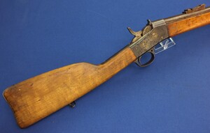 An antique Swedish shortened Rolling Block Rifle by Carl Gustav 1875. Caliber 12.7x44R Centerfire. Barrel 70,5cm. Length 111cm. In very good condition. Price 450 euro