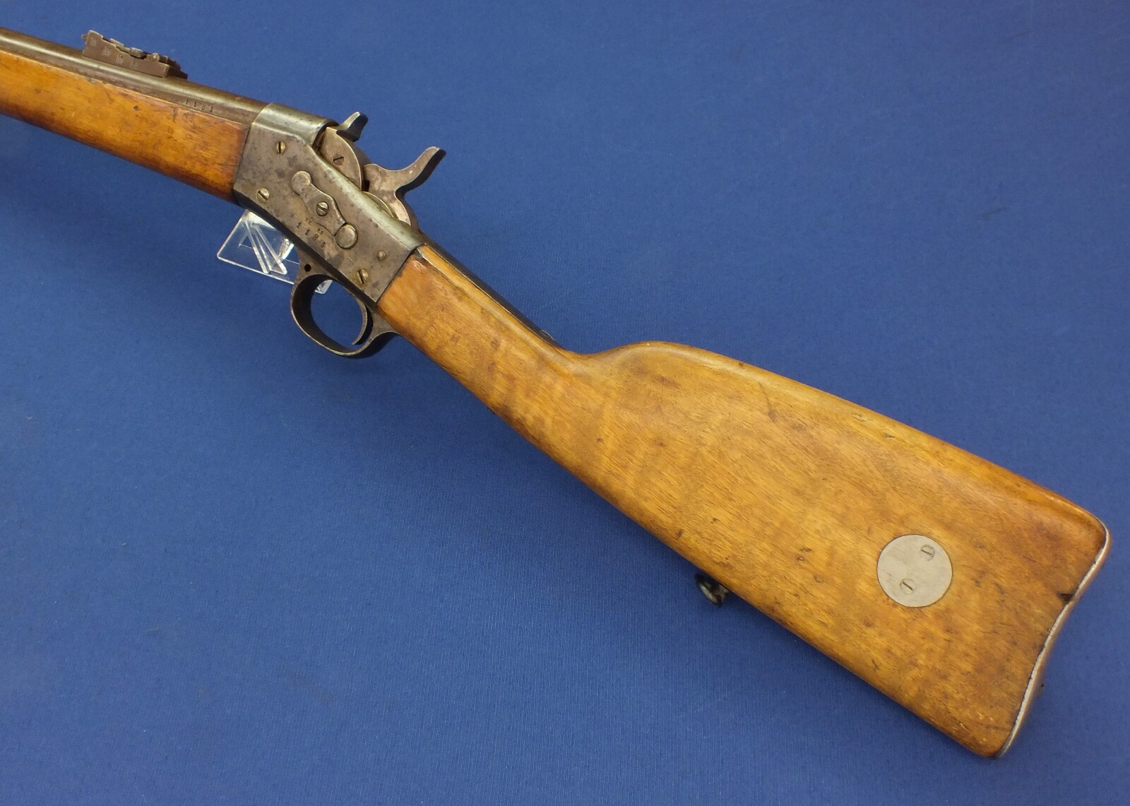 An antique Swedish shortened Rolling Block Rifle by Carl Gustav 1875. Caliber 12.7x44R Centerfire. Barrel 70,5cm. Length 111cm. In very good condition. Price 450 euro